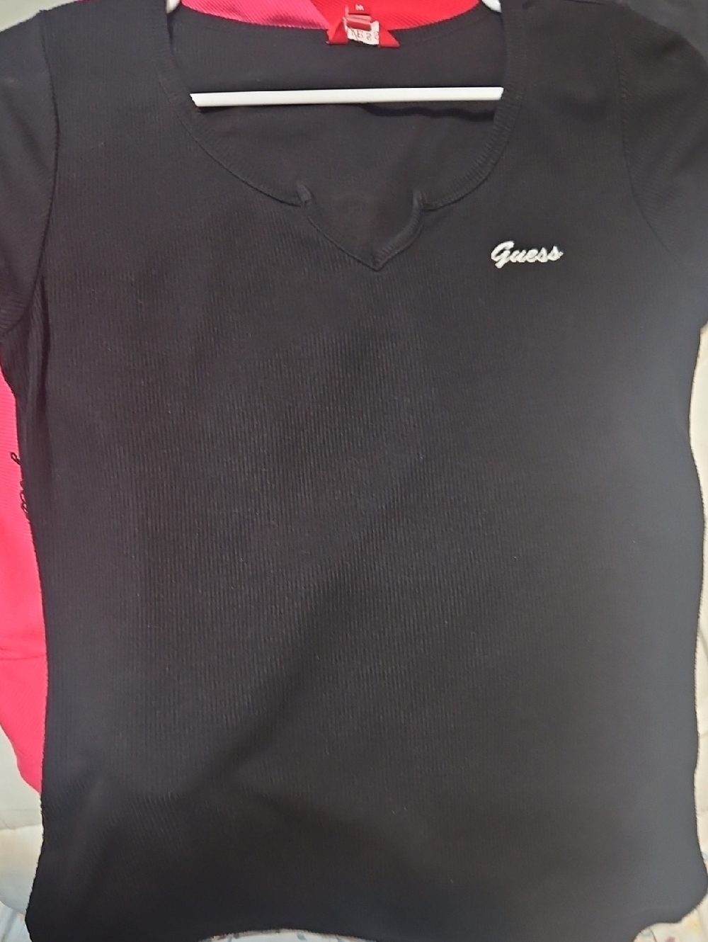 Guess Black Ribbed V-Neck Tee with White Logo
